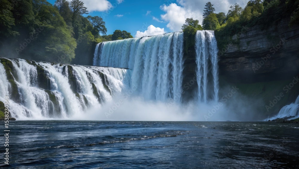 Fototapeta premium Amazing waterfall seen from the river with lush greenery and blue sky, showcasing the natural beauty of flowing water and scenic landscape.