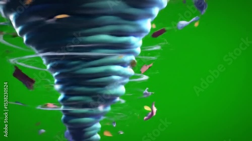 3D cartoon tornado spinning fast with debris flying around, green screen background