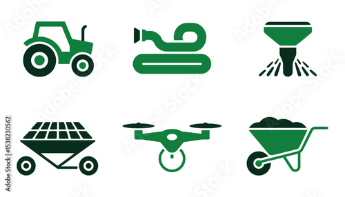 A red wheelbarrow, an empty garden cart, and a set of gardening tools with various isolated equipment icons