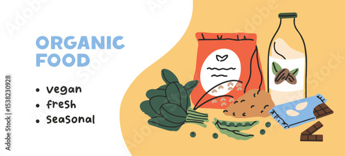 Design of banner with vegan grocery products. Advertising template of store with vegetarian food. Layout with organic grain, farm greenery, almond milk for healthy eating. Flat vector illustration
