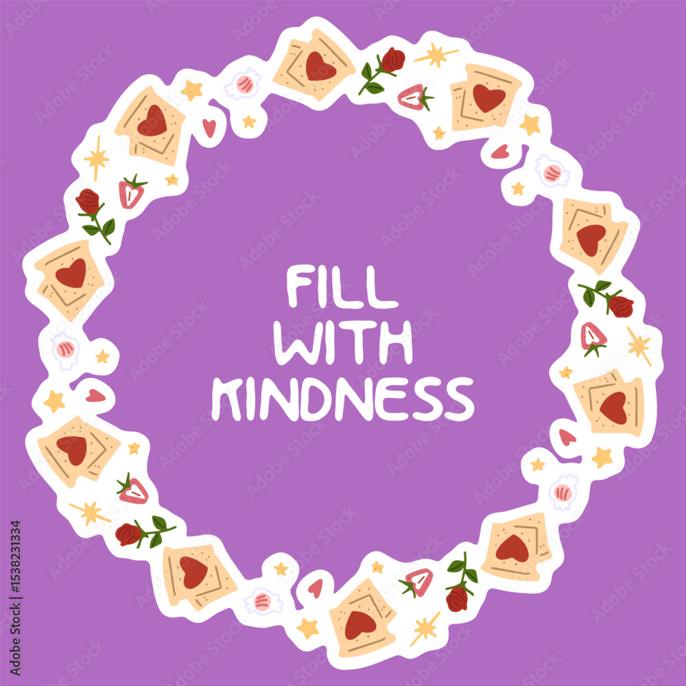 Fototapeta premium Cute Decorative Wreath With Hearts. Cartoon floral wreath with hearts, roses, candies and letters arranged in a circle. Flat style illustration in pastel tones on solid purple background.