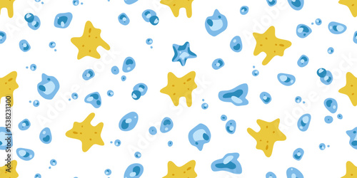 Seamless Starfish And Bubbles Pattern. Playful seamless pattern with yellow starfish and blue bubbles on white background. Cartoon flat style with bright marine color palette.