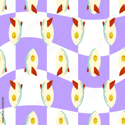 Seamless Surfboard Summer Pattern Design. Seamless pattern with cartoon surfboards on wavy purple and white background. Flat colorful style with playful summer vibe.