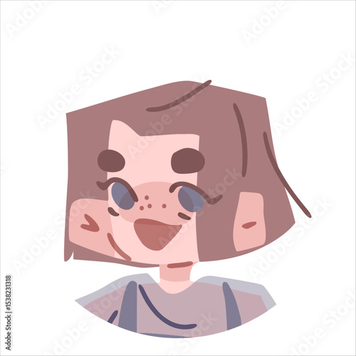 Cartoon Avatar With Happy Girl. Cartoon avatar of a smiling girl with short brown hair and freckles. Flat vector style with soft pink and purple tones, isolated on white background.
