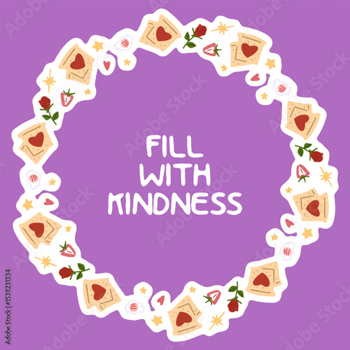Cute Decorative Wreath With Hearts. Cartoon floral wreath with hearts, roses, candies and letters arranged in a circle. Flat style illustration in pastel tones on solid purple background.
