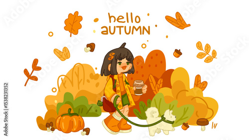 Hello Autumn Greeting Card Illustration. Cute cartoon girl walking dog with coffee in autumn forest, surrounded by leaves, pumpkin and seasonal elements.