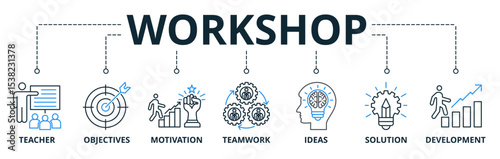 Workshop web banners concept vector illustration with keywords and icons