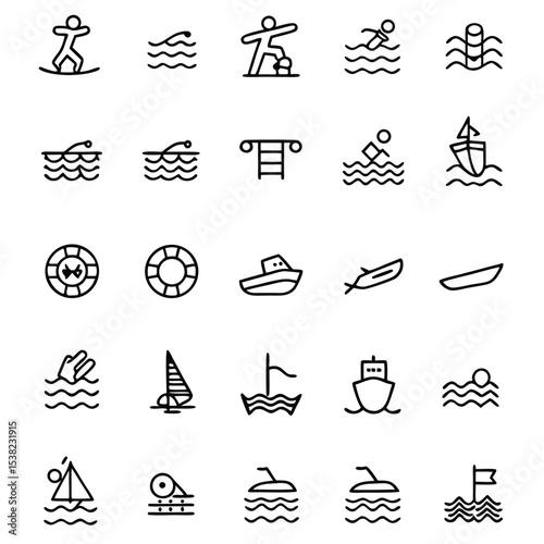A collection of boat and ocean related outline icons presents water activities cleanly