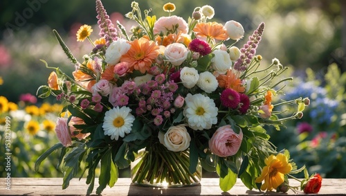 Fototapeta Naklejka Na Ścianę i Meble -  A bouquet of flowers on a summer day with vibrant colors and lush greenery.