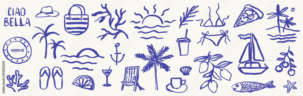 Italian or greek style vacation hand drawn vector icons or emblems in grunge chalk or charcoal rough doodle sketch style. Summer vacation illustrations in ink simple style for poster, placard print.