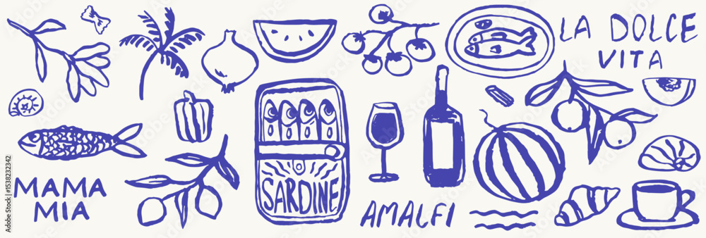 Italian or greek style vacation hand drawn vector illustrations in grunge chalk or charcoal rough doodle sketch style. Summer vacation elements in ink simple style drawings for poster, placard print.