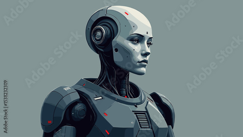 Futuristic humanoid female robot with dark armor and red details. AI technology and cybernetic design concept