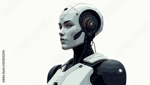 High-tech humanoid female robot in white and black armor with cybernetic enhancements. Futuristic AI concept