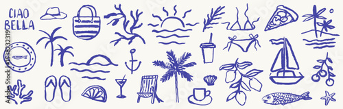 Italian or greek style vacation hand drawn vector icons or emblems in grunge chalk or charcoal rough doodle sketch style. Summer vacation illustrations in ink simple style for poster, placard print.