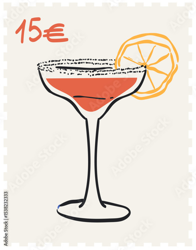Cocktail or martini postage stamps. Vector illustration of glass with martini, margarita or daiquiri perfect for print, placards or poster and wall art design. Vacation postal sticker.