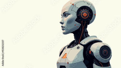 Futuristic humanoid female robot in sleek white armor with orange tech details. AI and robotics concept in profile view