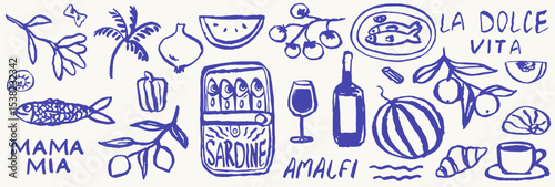Italian or greek style vacation hand drawn vector illustrations in grunge chalk or charcoal rough doodle sketch style. Summer vacation elements in ink simple style drawings for poster, placard print.
