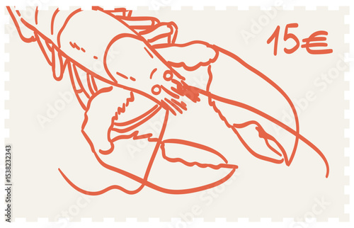 Vintage stamp or sticker print, wall art vector travel postcard, summer engraving placard or poster. Retro frame or border element design with lobster or crawfish perfect for interior, cards and menus