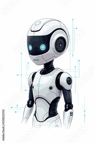 Futuristic humanoid robot in white armor with blue lights. AI technology concept in sleek vector design