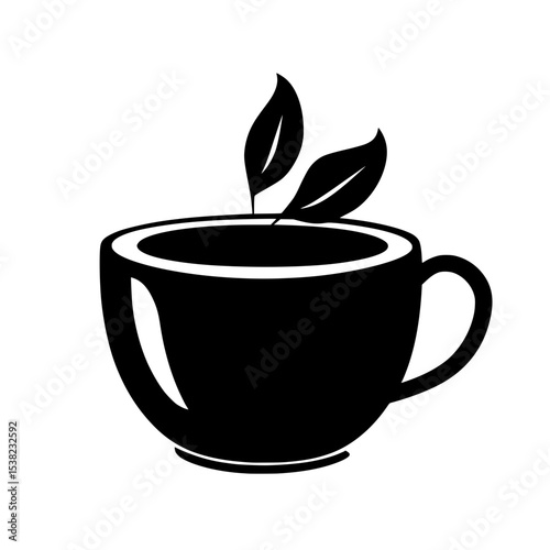 Herbal Tea Cup Icon with Leaf Symbol, Minimal black silhouette of a teacup with two leaves rising from it, symbolizing herbal tea, wellness, and natural beverages.

