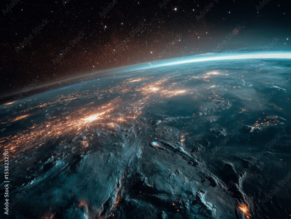 Obraz premium Stunning View of Earth from Space Showcasing Glowing City Lights Across a Curved Horizon Beneath the Starry Cosmos Capturing the Beauty of Civilization and Planetary Perspective