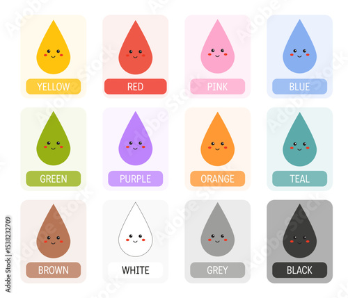 Learning colors flashcards, educational color cards for kids English. Educational material for preschools, kindergarten, toddler flashcards. Poster with colors. Learning homeschooling resources.