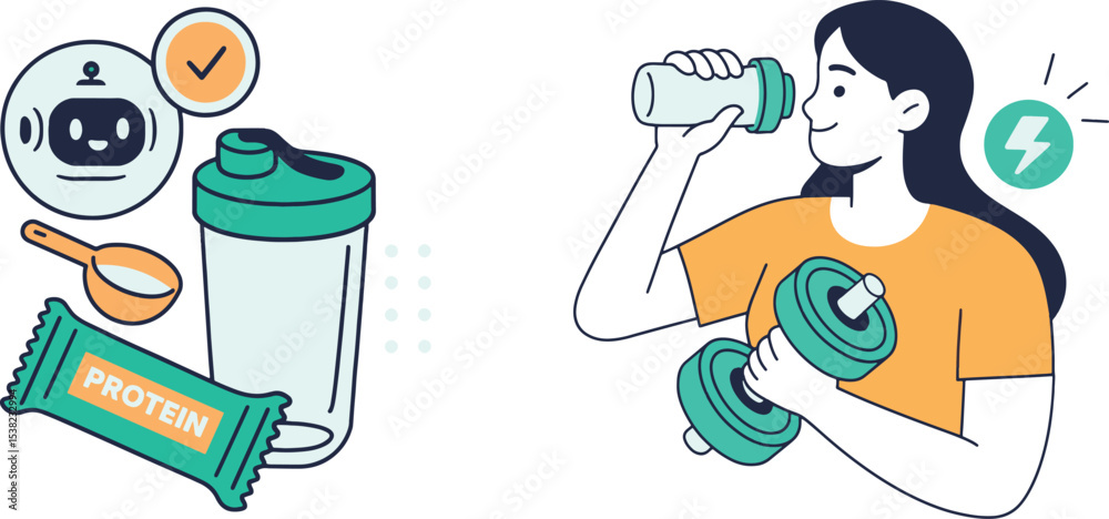Fototapeta premium Fitness Lifestyle Vector Illustration with Protein and Woman Training