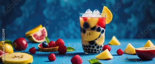 Boba Tea Glass With Fruit Slices Isolated On Blue Background.. With Empty Copy Space For Text photo
