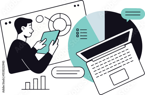 Data Analysis Vector Illustration with Laptop, Graph, and Man Using Tablet.