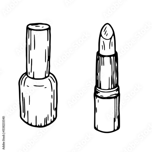 A bottle of nail polish and a tube of women's lipstick. Vector illustration. Black and white ink drawing, isolated on a white background set. Illustration of a beauty salon, cosmetics store