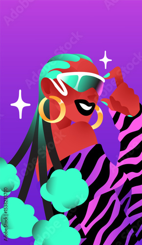 Avatar of fashion girl with sunglasses and dreadlocks. Portrait of happy young woman with stylish hairstyle, jewelry. Profile of modern person at the trendy party, neon disco. Flat vector illustration