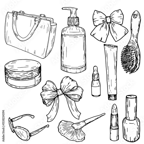 A spray bottle, cologne probes and tube of cream, gel shampoo for a bath, nail polish and a handbag. Glasses and bows. Vector ink drawing, isolated set. Illustration of a beauty salon, cosmetics store