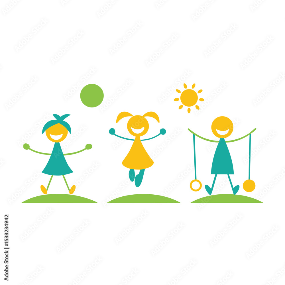 Fototapeta premium Three smiling cartoon stick figure girls are playing joyfully outside in the sunshine