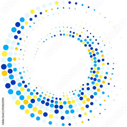Abstract vector illustration of randomly scattered colorful dots, festive spiral vortex, dynamic composition with objects, isolated on white background