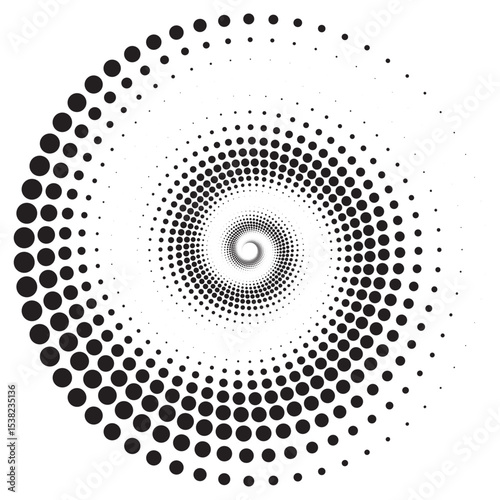 Abstract vector illustration of randomly scattered black and white halftone dots, festive spiral vortex, dynamic composition with objects, isolated on white background
