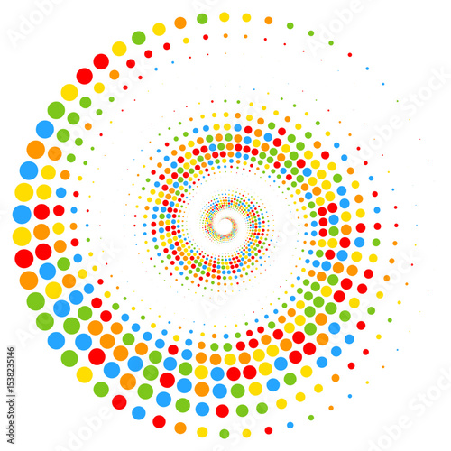 Abstract vector illustration of randomly scattered colorful dots, festive spiral vortex, dynamic composition with objects, isolated on white background
