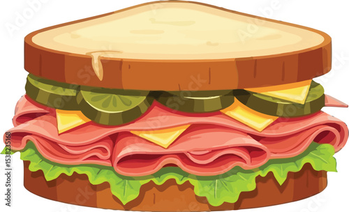 Delicious Ham and Cheese Sandwich with Pickles and Lettuce Illustration