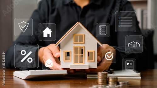 Real estate concept business, home insurance and real estate protection. Real estate investment concept. Buy and sell houses and real estate online on a virtual screen.