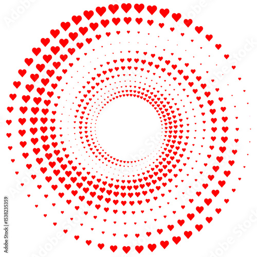 Abstract vector illustration of randomly scattered colorful hearts, festive spiral vortex, dynamic composition with objects, Valentine day banner background