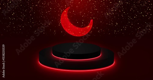 Beautiful Moon animation with glitter and Cylinder Podium in 4K.Islamic background in 4K.Futuristic glowing moon for Ramadan Kareem,Eid Al-Fitr,Eid Al-Adha,advertisements, and Social media.