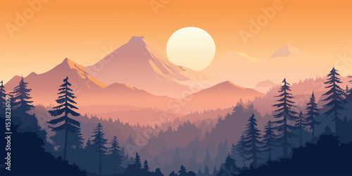 Sunrise over a mountain forest.  Silhouette of trees and mountains in a soft orange-pink sunrise