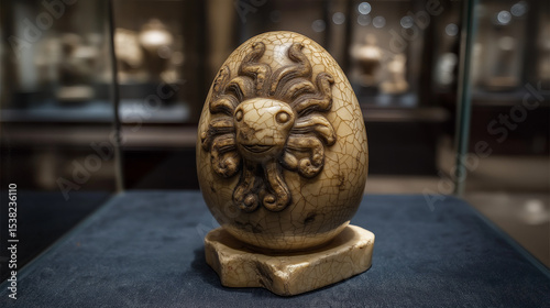 Ancient craquelure egg sculpture with gorgon design
