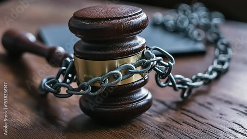 A close-up of a gavel secured with a chain on a wooden table, symbolizing justice and restraint