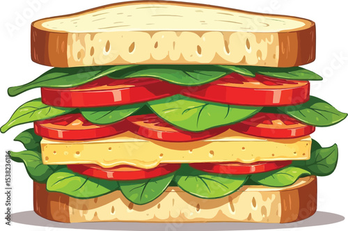 Cartoon Sandwich with Tomato Spinach and Cheese on White Bread