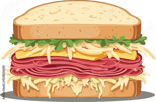Delicious Cartoon Sandwich with Meat Cheese Greens and Shredded Toppings