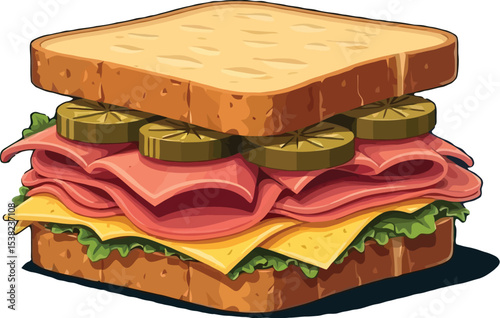 Cartoon Sandwich with Ham Cheese Pickles and Lettuce on White Bread