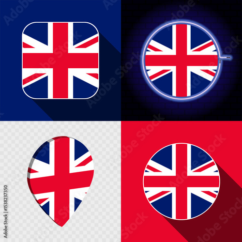 Set of modern icons with the national flag of United Kingdom.