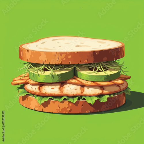 Delicious Chicken Sandwich with Avocado and Sprouts on a Green Background