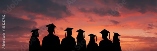 Silhouettes of students with graduate caps in a row on panoramic sunset background. Graduation ceremony at university web banner,
