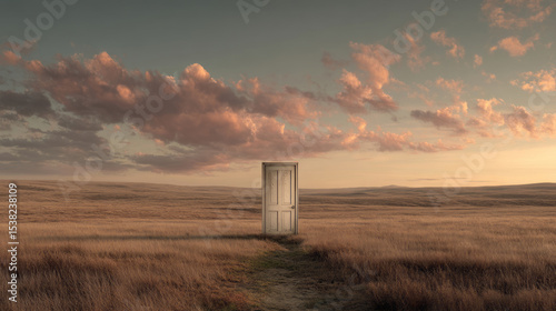 Solitary door in a vast open field at sunset